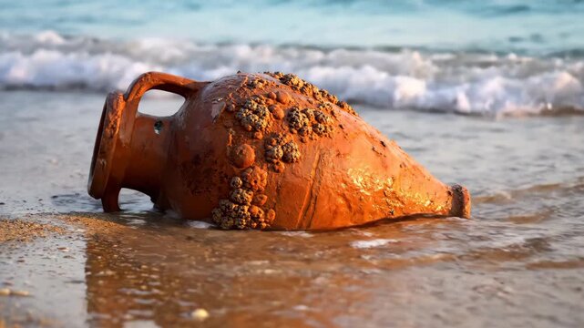Ancient amphora covered with barnacles lying on sandy beach, waves wash over the artifact, archeological discovery footage.
