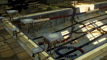 A rundown swimming pool, where vibrant lane dividers are visible amid the aging tiles. Sunlight streams in, creating a nostalgic atmosphere of forgotten leisure.
