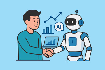 Flat vector illustration of a human and robot shaking hands, symbolizing artificial intelligence collaboration and partnership in technology, innovation, and future digital teamwork.