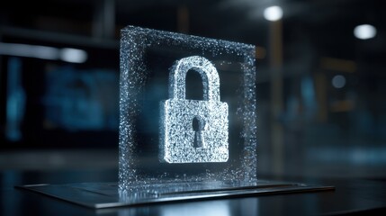 Futuristic 3D hologram of a secure lock symbol surrounded by digital effects in a modern technological environment highlighting cybersecurity themes