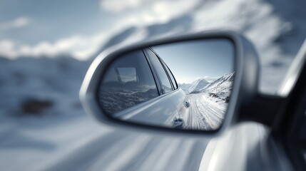 A close-up view of a side mirror reflecting a serene snow-covered mountain road.