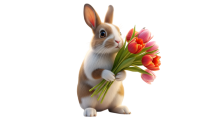 Cute Rabbit Holding Red Tulips Isolated on White — Spring Easter Concept