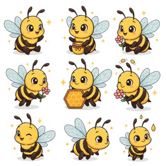 Obraz premium Cute Cartoon Bees With Flowers And Honeycomb On Transparent Background