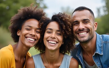 Multi generational friends smiling on camera outdoor - Group of multiracial people with different ages having fun together outdoor. High quality