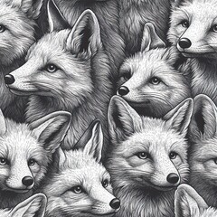 Detailed pencil fox faces, seamless wildlife illustration pattern.