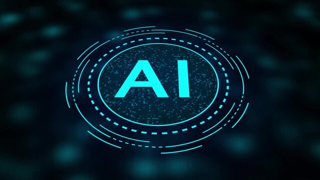 AI text icon with digital circuit pattern and futuristic HUD elements on dark bokeh background artificial intelligence