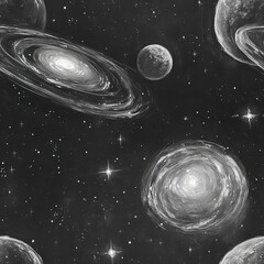 Grayscale cosmic galaxy with planets and nebula, seamless universe pattern.