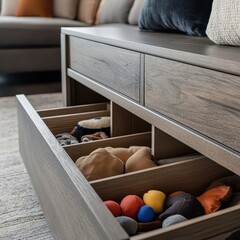 A wooden chest with a stuffed animal inside