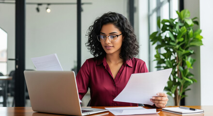 Young Indian business woman reviews documents in modern office