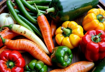 Vibrant Array of Fresh Vegetables with Multicolored Peppers, Variegated Carrots, and Green Beans in a Rustic Wooden Bowl