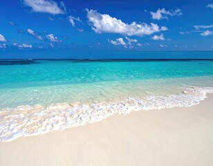 Fototapeta premium Pristine beach scene with turquoise water and fluffy clouds. A wide shot of a white sandy beach gently meeting the clear turquoise water of a calm ocean.
