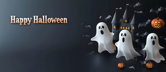 Halloween castle with ghost, pumpkins, and bats