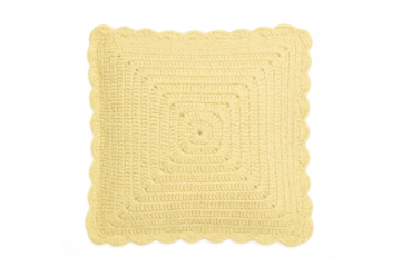 Yellow handmade crocheted square doily with scalloped edge
