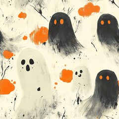 Cute ghost pattern with orange background, fun Halloween seamless design.