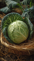 Fototapeta premium Freshly harvested green cabbage in a woven basket, organic farm produce, healthy eating concept.