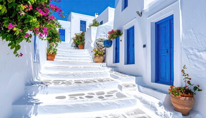 Naklejka premium Charming White Greek Island Alleyway With Blue Doors And Vibrant Pink Bougainvillea Flowers In Bright Sunlight