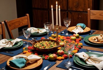 Fototapeta premium Elegant Autumn-Themed Dining Table Arrangement with Colorful Harvest Accents and Candlelit Ambiance for a Festive Seasonal Gathering