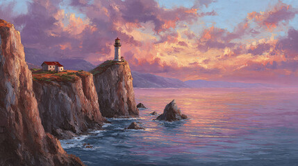 Dramatic coastal landscape with lighthouse at sunset, painted style, serene ocean view, peaceful escape.