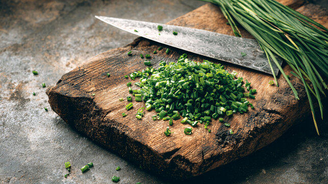 Fresh chives being chopped on rustic wood cutting board with sharp chef’s knife, culinary preparation - Powered by Adobe