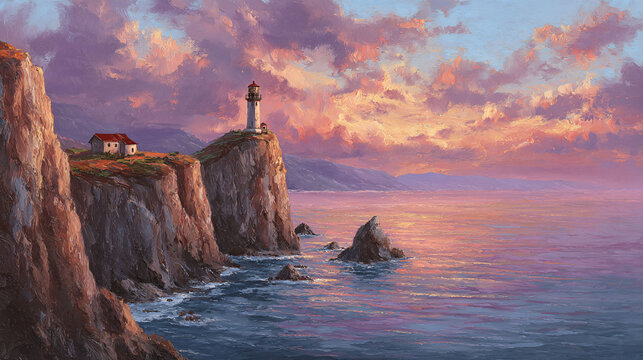 Dramatic coastal landscape with lighthouse at sunset, painted style, serene ocean view, peaceful escape.