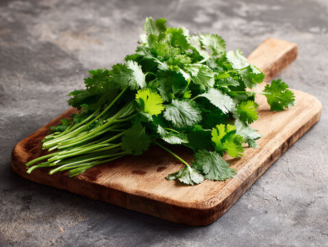 Fresh cilantro bunch on wooden cutting board, vibrant green herb, culinary ingredient, healthy eating concept.