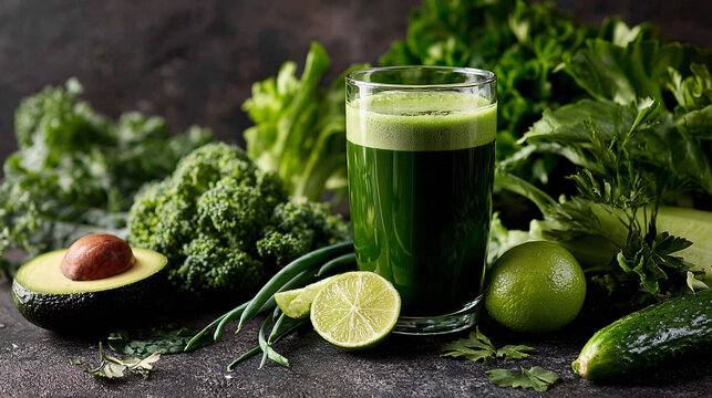 Vibrant green smoothie with fresh vegetables and fruits, healthy detox drink, wellness lifestyle concept.