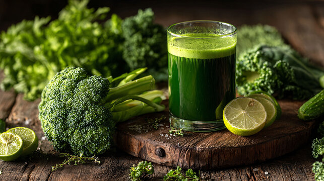 Vibrant green detox smoothie with fresh broccoli, kale, and lime – healthy eating concept - Powered by Adobe