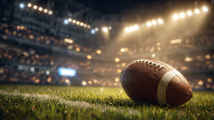 American football on lush green field, stadium lights, dramatic game night atmosphere, victory concept