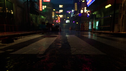 Fototapeta premium Rain soaked streets glisten under vibrant neon signs. The atmosphere is lively with a mix of colors and shadows, creating a captivating urban nightscape. People wander through the bustling scene.