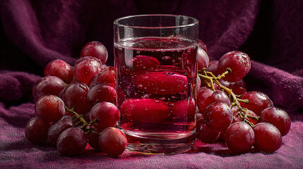 Red grape juice in glass with fresh grapes, dark moody still life photography