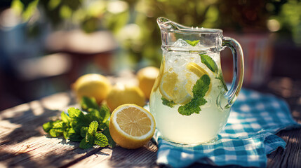 Refreshing homemade lemonade with lemons and mint on a rustic wooden table, summer vibes