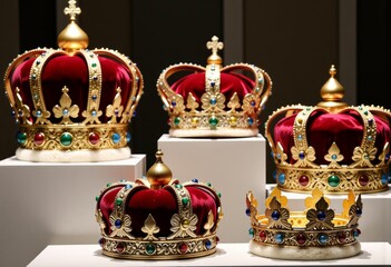 Obraz premium An Exquisite Display of Ornate Royal Crowns Featuring Intricate Gold and Jewel Embellishments on a Museum Pedestal under Soft Lighting