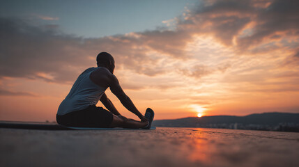 Silhouette of man stretching at sunset, peaceful mindfulness and healthy lifestyle concept.