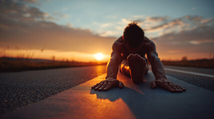 Silhouette of a man stretching in child’s pose during a vibrant golden hour sunset.