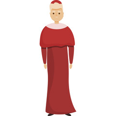 Full body illustration of a person wearing a long red robe and a small red hat with white accents standing against a transparent background symbolizing historical or ceremonial attire