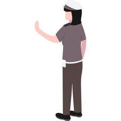 Full Body Isometric View Of A Woman In Police Uniform Facing Right With Her Left Arm Raised In A Stop Gesture Against A White Background