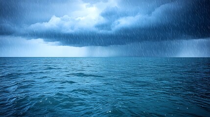 Dark clouds gather above a stormy ocean, signaling an approaching rainstorm over the water