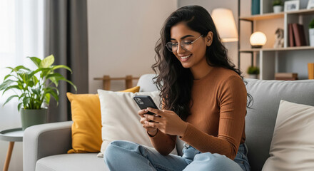 Obraz premium Relaxed woman enjoying her smartphone at home.