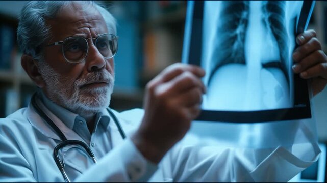 Doctor examining chest X-ray showing lung cancer nodules on lightbox in modern hospital, professional healthcare setting