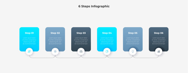 A clean six step infographic featuring six rounded, gradient blue cards connected by a dotted path. Ideal for presenting processes, workflows, or education, and marketing materials