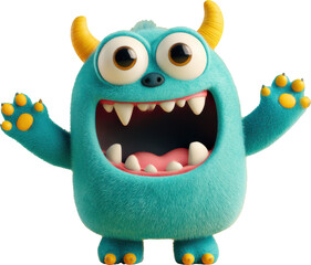 Fototapeta premium Whimsical teal monster with big eyes and open mouth spreading fun and joy isolated on transparent background