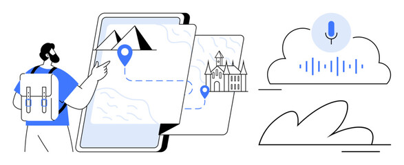 Backpacker using a navigation app with destination markers, map visuals, voice-controlled search, and cloud synchronization. Ideal for travel, technology, exploration, innovation, connectivity data