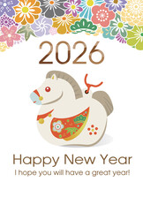 2026 Happy New Year 土鈴風の馬とカラフルな花飾りのモダンなデザイン