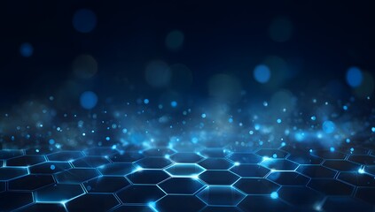 Abstract futuristic digital network with glowing hexagonal grid and ethereal blue light particles creating a sense of advanced technology and data flow