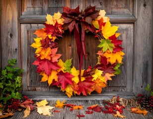 Wreath of autumn leaves on wooden background