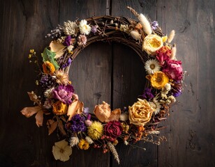 wreath on wooden background, Wreath of dried flowers, autumn wreath