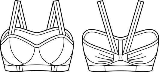 Technical illustration of women's bra, front and back view, underwire support, double straps, wide band, decorative bow, garment schematic