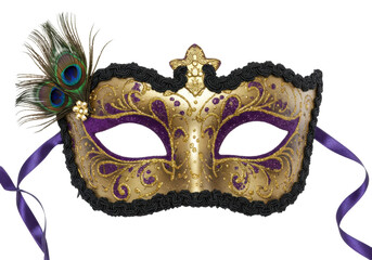 Ornate gold and purple masquerade mask with peacock feathers isolated, festive costume accessory for Mardi Gras or Halloween © Evans