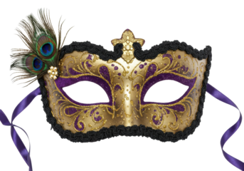 Ornate gold and purple masquerade mask with peacock feathers isolated, festive costume accessory for Mardi Gras or Halloween