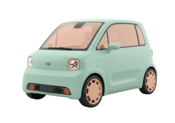 Mint green electric car isolated, compact vehicle with peach accents for urban mobility and sustainable transportation